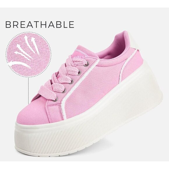 Lucky Step Women Pink Platform Low Top Classic Wedge Retro Canvas Sneakers - Picture 2 of 9